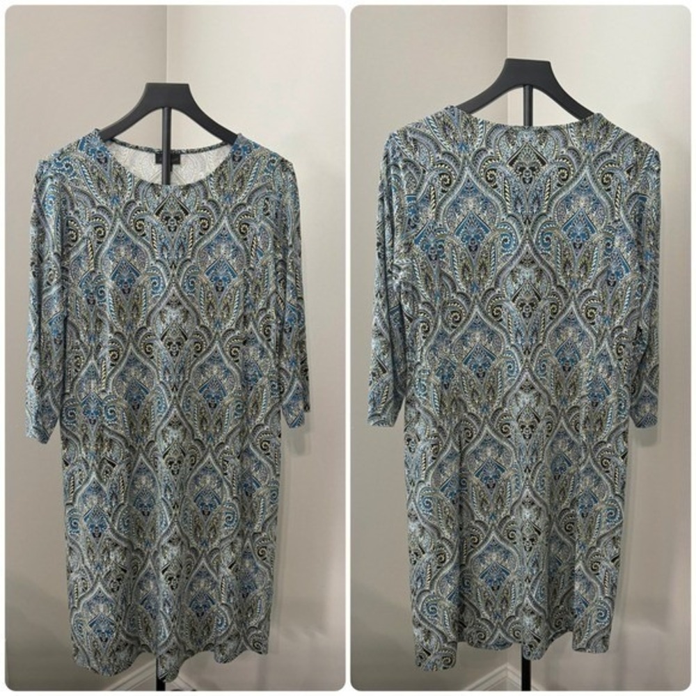 J. Jill Dress Medium Womens Blue Paisley Wearever‎ Collection Knit Mid Length